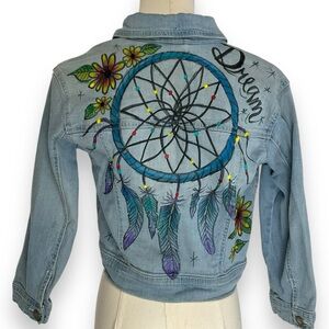 Handpainted Jean Jacket Girls Denim Dream Dreamcatcher Blue Flowers Sze 14 Large